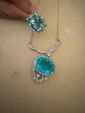 Silver Necklace and Ring Set with Teal Blue Gemstones